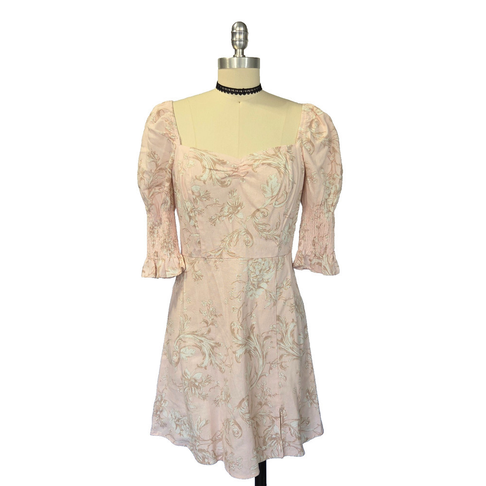 Mi Ami Blush Coquette Mini Dress Size M Pink Floral Linen Blend Puff Sleeve